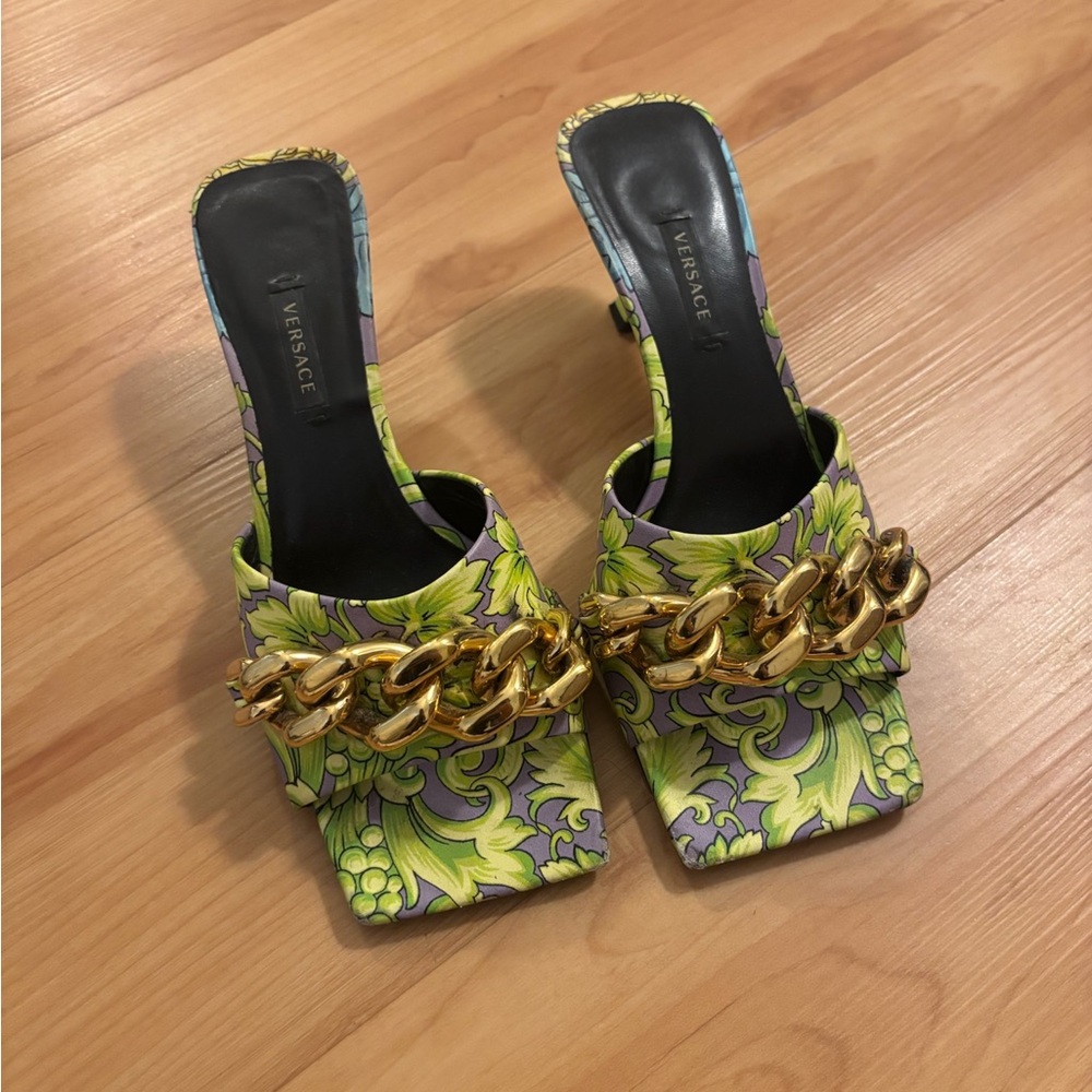 Versace Medusa Chain Barroco Print Mules